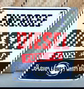 Pure Eneree Diesel Fuel #2 Porcelain Pump Sign (TAC): rated 9, 12"x10", the SSP sign has good color and gloss, field is clean, has tiny chip at the bottom right-hand mounting hole. TAC #059088