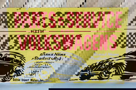 Parts & Service for Volkswagens w/Image Metal Sign (TAC): rated 8.25, 24"x36", the SST sign has good color and shine, has wear and fine scratches in the field, wear along the bottom edge. First one we have sold, TAC #059336