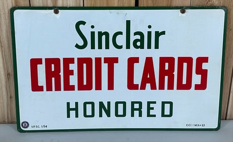 1954 Sinclair Credit Cards Porcelain Sign w/ Dino Bracket (TAC)
