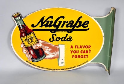 NuGrape Soda w/Hand Holding a Bottle Metal Flange Sign (TAC)