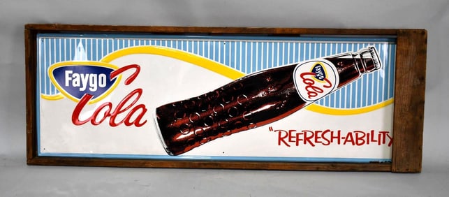 Faygo Cola w/Bottle Metal Sign in wood crate (TAC)