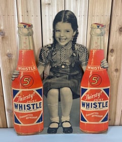 Thirsty? Just Whistle Girl Holding Two Bottles Cardboard Sign