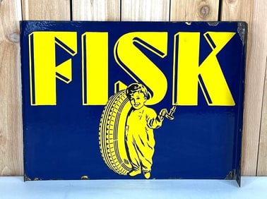 Fisk Tires w/ Boy & Candle Porcelain Flange Sign (TAC)