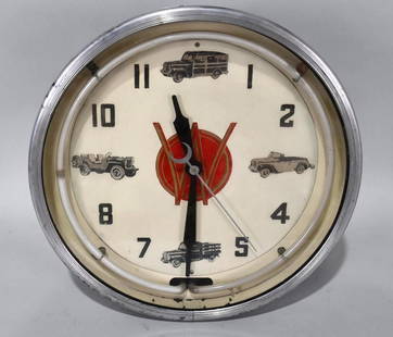 Willy's w/ Vehicles Neon Dealership Clock: 18" D., Single Sided Neon Clock, has good color and vehicle graphics, lights and works great, very cool clock