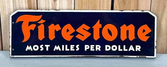 Firestone "Most Miles Per Dollar" Porcelain Rack Sign (TAC)