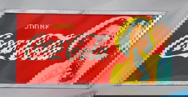 Large Drink Coca-Cola w/Couple Metal Sign (TAC): rated 9, 32.5"x68.5", the SST new wood framed sign has excellent color and shine, nice. TAC #011220
