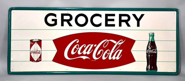 Coca-Cola w/Fish Tail Logo "Grocery" w/Can Metal Sign (TAC)