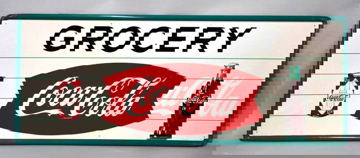 Coca-Cola w/Fish Tail Logo "Grocery" w/Can Metal Sign (TAC): rated 9+, 23.5"x60", the SST self-framed sign has excellent color and shine, field is clean, has minor dings around the perimeter, marked MCA. Has the TAC certificate TAC #005745
