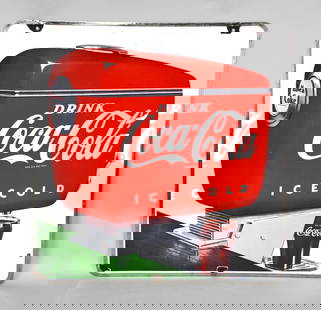 Drink Coca-Cola w/Motor Boat Dispenser Porcelain Sign (TAC): rated 8.5, 28"x27", the DSP sign has good color and gloss, light wear, has chips at mounting holes and around the perimeter. TAC #007093