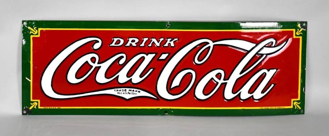 Rare Drink Coca-Cola w/Fler-d-lee Logos Porcelain Sign (TAC)