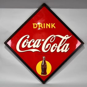 Drink Coca-Cola w/Bottle in Yellow Metal Sign (TAC)
