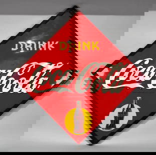 Drink Coca-Cola w/Bottle in Yellow Metal Sign (TAC): rated 9, 65"x65", the SST wood framed sign has excellent color and shine, has one small fine scratch in the field, marked M.C.A. TAC #040024
