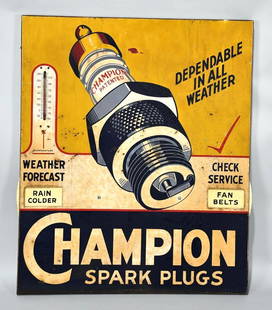 Champion Spark Plugs Weather Forecast Metal Thermometer Sign (TAC): rated 7.5, 34"x28.25", the SST wood back thermometer/sign, has wear, fine scratches and staining. TAC #058144