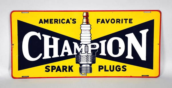 Champion America's Favorite Spark Plug Metal Sign (TAC): rated 8.9, 12"x26", the SST sign has very good color and shine, field is clean, has extra holes at each end. TAC #058122