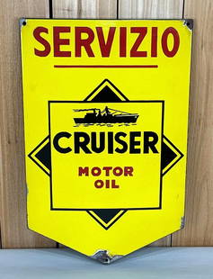 Cruiser Motor Oil w/Logo Servizio (Service) Porcelain Sign (TAC): rated 9, 22.5"x14.75", the SSP diecut rolled edge sign has good color and gloss, has light wear in the field, chips at mounting holes and around the perimeter, marked Shalterie Torines. TAC #059131