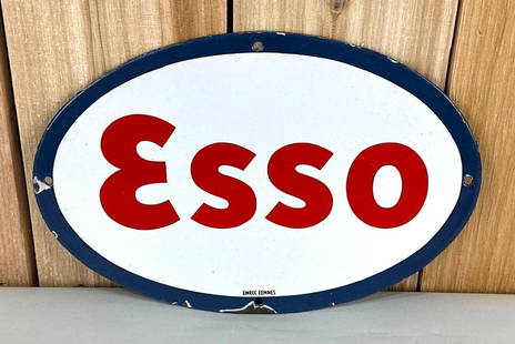 Small ESSO Porcelain Sign (TAC): rated 8.9, 8"x11.75", the SSP oval sign has good color and gloss, has chips around the perimeter, marked Emrec Eemnes. TAC #059186
