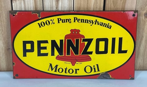Pennzoil Motor Oil w/Red Bell Logo Porcelain Sign (TAC)