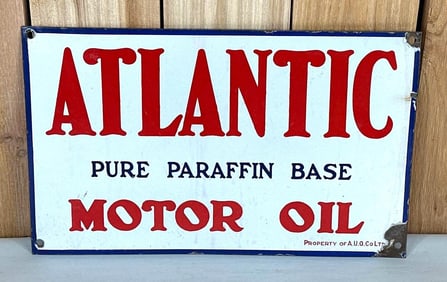 Atlantic Pure Paraffin Base Motor Oil Porcelain Sign (TAC)