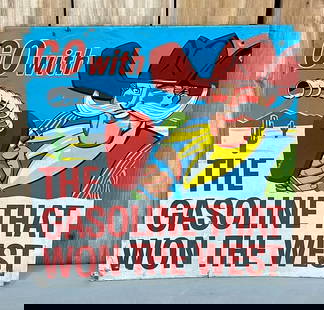 (Phillips 66) The Gas That Won the West Metal Sign w/Cowboy (TAC): rated 8.25, 16"x15.5", the SST rolled edge sign has good color and shine, has light wear and a few fine scratches. TAC #059256
