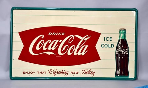 Large Drink Coca-Cola w/Fish Tail & Bottle Logo Metal Sign (TAC)