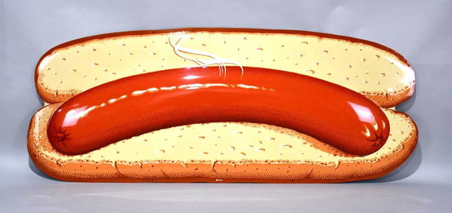 Large (Coca-Cola) Hot Dog Sandwich Metal Sign (TAC): rated 9.25, 26.25"x66", the SST diecut embossed sign has excellent color and shine, nice. TAC #058103