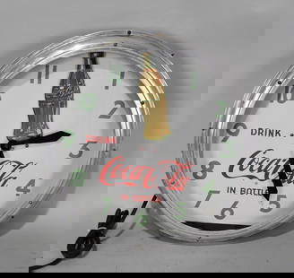 Drink Coca-Cola in Bottles Neon Rocker Clock: 20.5", Single Sided Neon Clock, Bottle Rocks, Lights and Works, the bottles does have some fade to it, these are a great looking clock, all original can, COOL