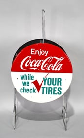 Enjoy Coca-Cola "while we check your tires" Metal Tire Holder (TAC)