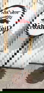 Ask here for Gargoyle Mobiloil Porcelain Curb Sign (TAC): rated 8.9 & 8.75, 23"D., the DSP sign has good color and gloss, display has a couple tiny chips and light wear, reverse has minor rust staining. TAC #058208