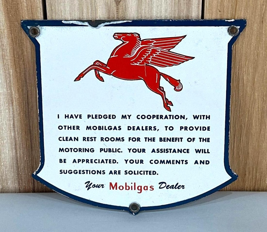 Mobilgas Dealer Rest Room Pledged Porcelain Sign (TAC) (1 of 3)