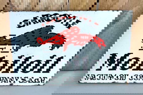 Gargoyle Mobiloil Porcelain Flange Sign (TAC): rated 8.25 & 7.5, 16"x23.75", the porcelain flange sign has good color and gloss has light wear and a few stress lines, chips around the perimeter, reverse has chips in the field. TAC #059207