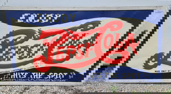 Extra Large Enjoy Pepsi:Cola "Hits the Spot" Metal Sign (TAC): rated 8.25, 48"x96", the SST embossed wood framed and backed sign, has very good color and shine, has wear and creases in the field, is ink stamped on back Stout, Pepsi-Cola Bottling Plant Los Angeles