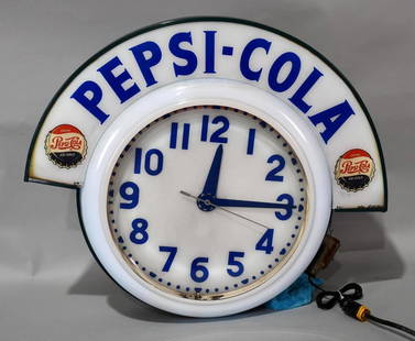 Pepsi-Cola Cleveland Neon Clock w/Marquee: rated 8, 32"x36"x8", the plastic bezel and marquee are original in good condition, marquee has paint loss at the ends, the metal can has been repainted, clock lights and works.