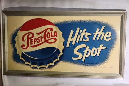 Large Pepsi-Cola "Hits the Spot" w/Bottle Cap Logo Metal Sign (TAC)