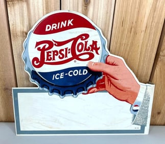 Drink Pepsi-Cola w/Hand Holding Bottle Cap Metal Flange Sign (TAC)