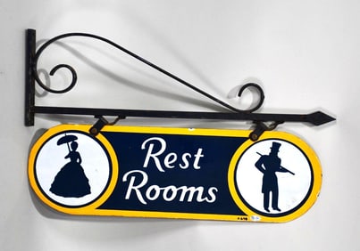 (Sunoco) Rest Room w/Lady & Man Porcelain Sign & Bracket (TAC)