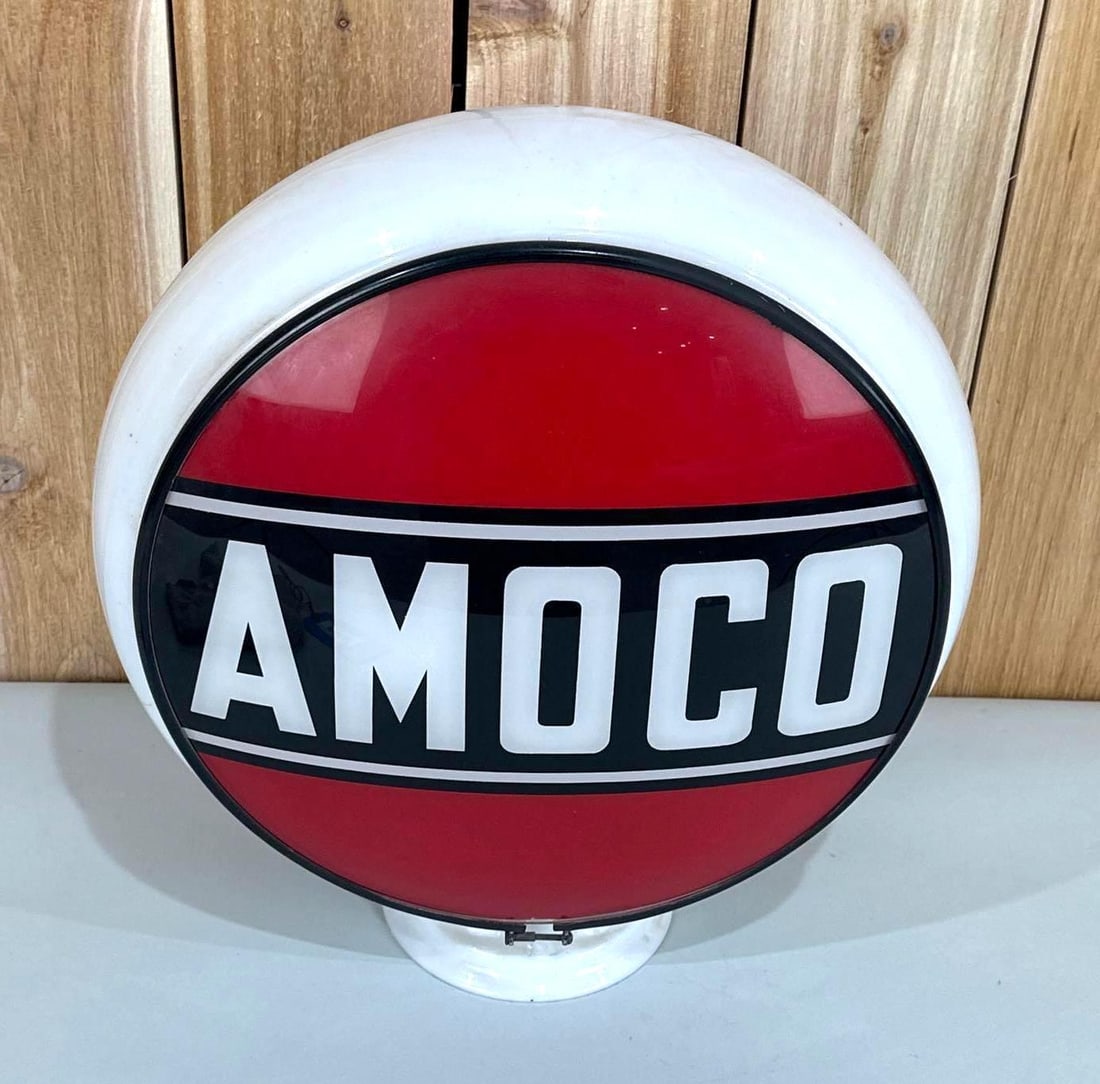 AMOCO (gas) 13.5" Globe Lenses (TAC): rated 9 & broke, the display lens is in good condition, reverse is broken, mounted in a glass gill globe body, in good condition