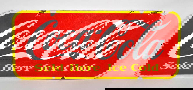 Coca-Cola Sold Here Ice Cold Porcelain Sign (TAC): rated 7, 12"x29", the SSP sign has heavy wear, scratches and chips at the mounting holes, marked P&M. TAC #058119