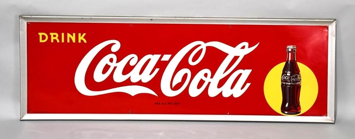 Drink Coca-Cola w/Bottle in Yellow Metal Sign (TAC)