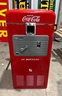 VMC Model #33 Coin-Operated Vending Machine: has been restored in Coca-Cola colors, does not run.