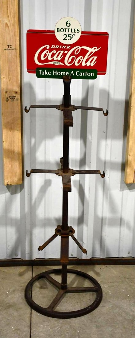 Drink Coca-Cola 6 Bottles 25¢ Metal Bottle Rack Sign (TAC): rated 9 & 8, 9.75"x13", the DST diecut sign has good color and shine, reverse has paint chip, rack is 54"T. TAC #031810