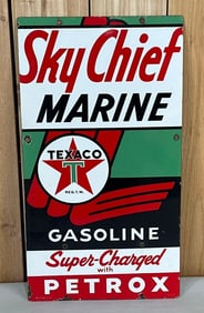 Texaco (white-T) Sky Chief Marine Gasoline w/Petrox Porcelain Sign (TAC)