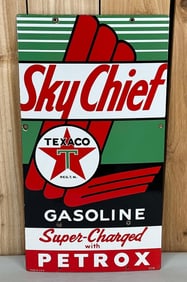 Texaco (white-T) Sky Chief w/Petrox (exlarge) Porcelain Pump Sign (TAC)