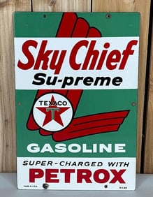 Texaco (white-T) Sky Chief w/Petrox Porcelain Pump Sign (TAC)