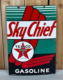 Texaco (white-T) Sky Chief Gasoline Porcelain Pump Sign (TAC)