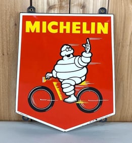 Michelin w/Bibendum riding a Motorcycle Porcelain Sign (TAC)