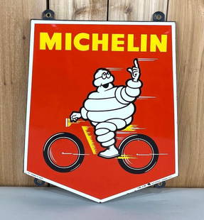 Michelin w/Bibendum riding a Motorcycle Porcelain Sign (TAC): rated 9, 17.75'x15", the SSP rolled diecut sign has very good color and gloss,&nbsp; marked Art-France, dated 1959. TAC #058981
