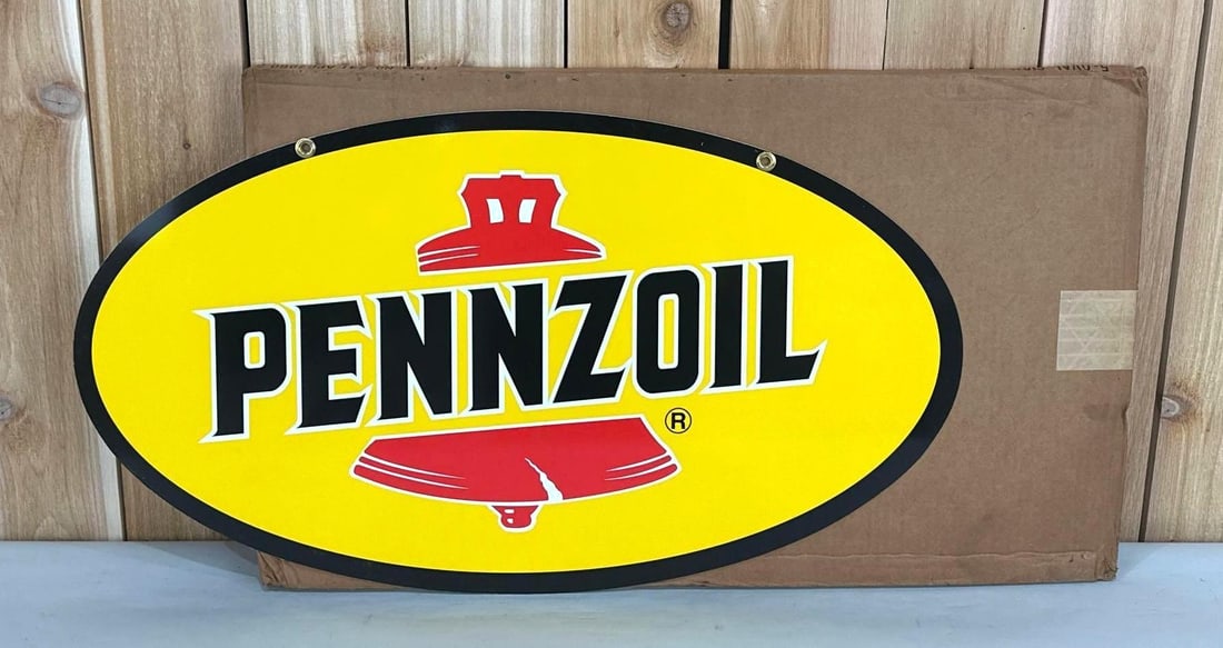 Pennzoil w/Red Bell Metal Sign NIB (TAC): rated 9.75, 17.75"x31.75", the DST oval sign has excellent color and shine, nice, NIB. TAC #032245