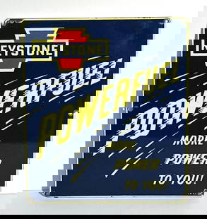 Keystone Powerfuel "More Power to You!" Porcelain Pump Sign: rated 9, 14&#34;x12&#34;, the SSP sign has very good color and gloss, field is clean, has small chips around the perimeter, marked I.R., dated 1955. This lot can be picked up in Tidioute, PA on Septem
