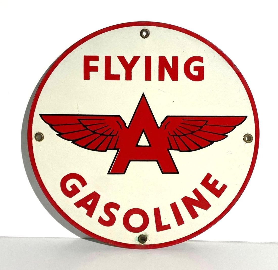 Flying A Gasoline w/Logo Porcelain Pump Sign: rated 9, 10"D., the SSP sign has very good color and gloss, tiny chip at bottom mounting hole. This lot can be picked up in Tidioute, PA on September 18 - 22 or this lot can be taken back to our f