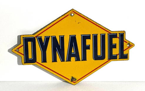 (Sunoco) Dynafuel Porcelain Pump Sign: rated 8.75, 8&#34;x12.5&#34;, the SSP diecut sign has good color and gloss, has a few light marks and small chips at the mounting holes. This lot can be picked up in Tidioute, PA on September 18 - 22